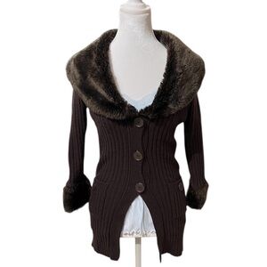 Elegant Brown Faux Fur Trimmed Sweater